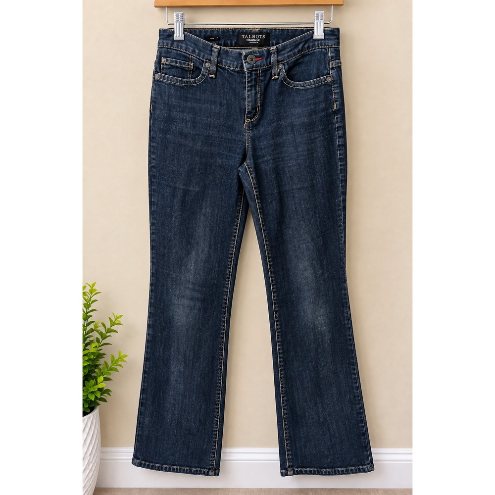 TALBOTS Size 8P Jeans Stretch Flare Dark Wash Mid Rise Pants Classic Timeless